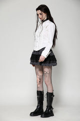 womens vintage-inspired white ruffled long sleeve button-up shirt with black buttons