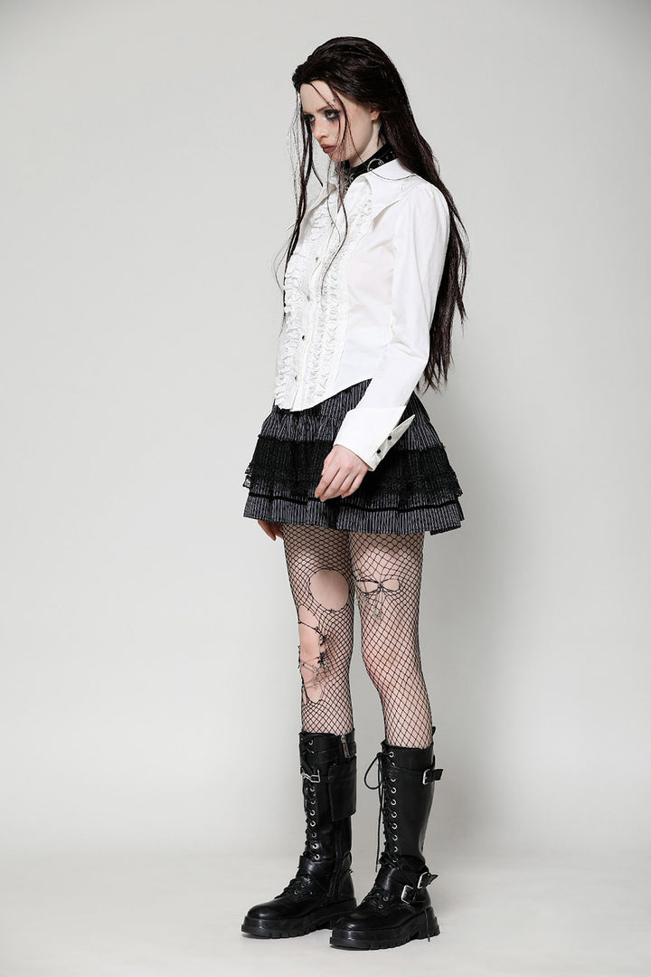 womens vintage-inspired white ruffled long sleeve button-up shirt with black buttons