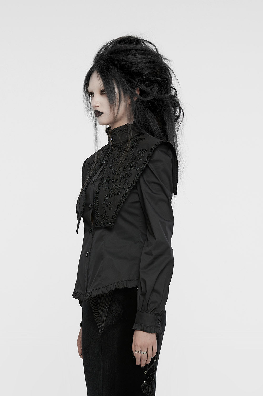 womens ruffled high collar button down shirt