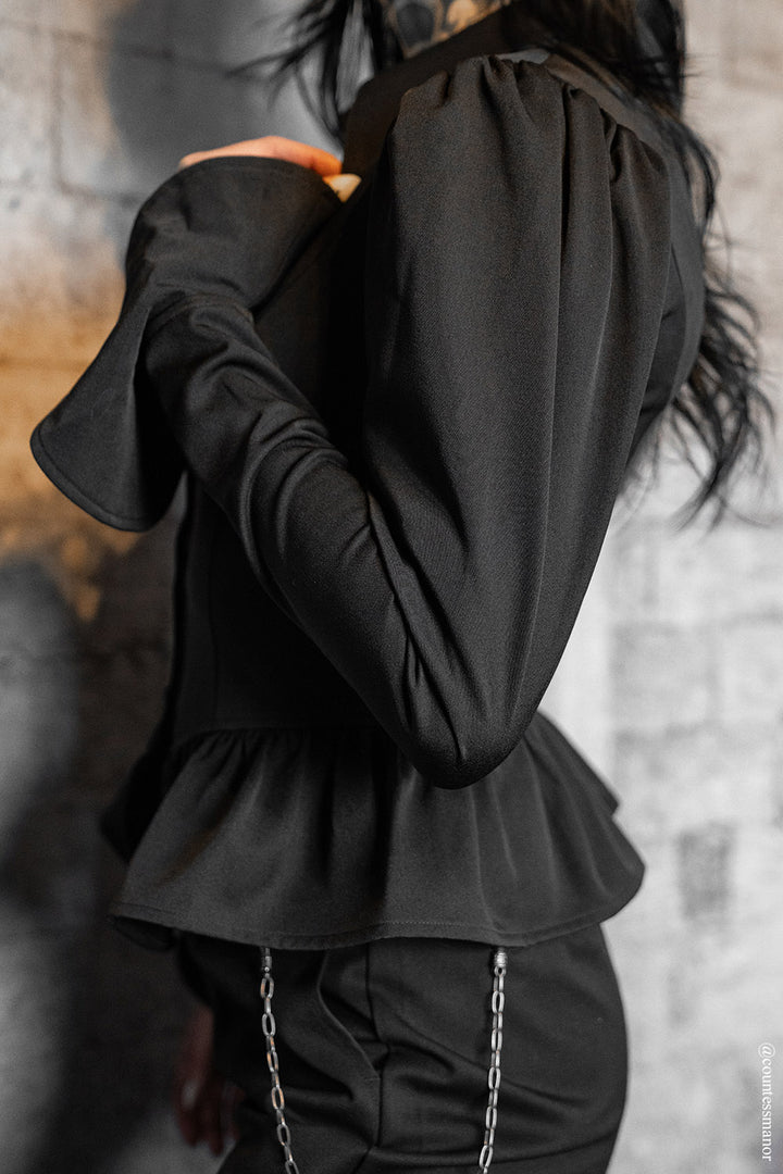 vampire goth long sleeve victorian top with flared sleeve cuffs and puffed shoulders