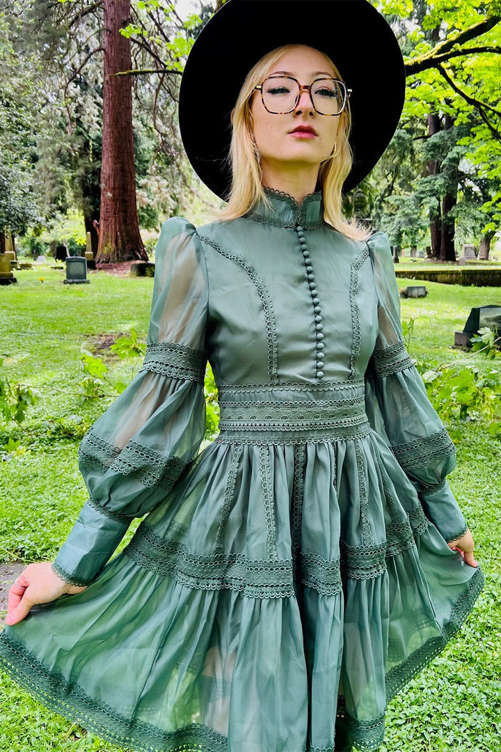 high collared lace witchy green boho dress