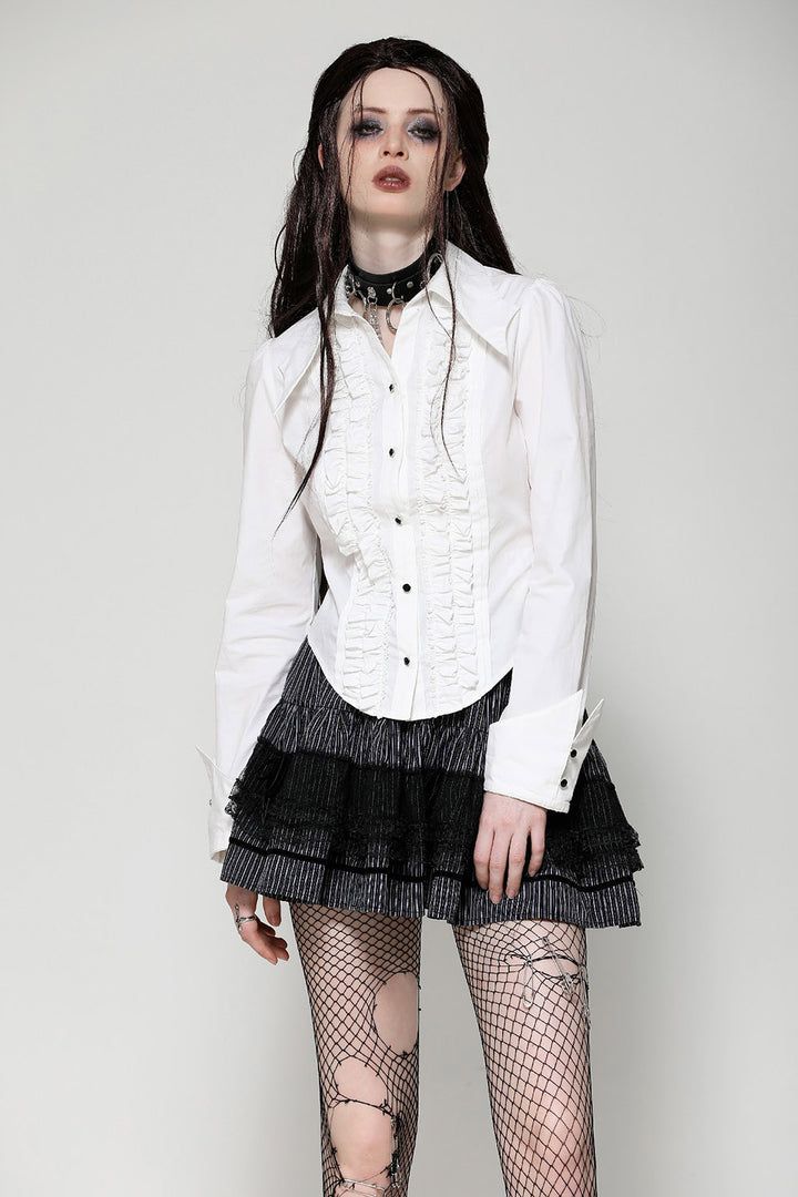 vintage goth inspired womens white ruffled long sleeve button-up shirt