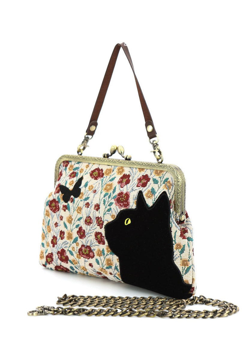 vintage cottagecore black cat handbag by coemco with chain strap 