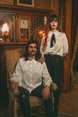 white buttoned flared long sleeve satin top