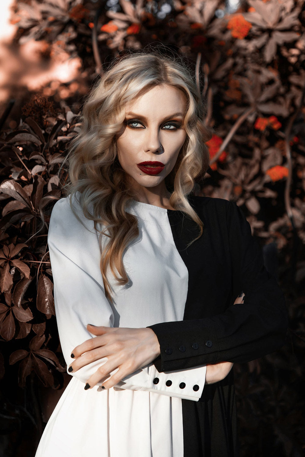 half black and white split dress by lively ghosts 