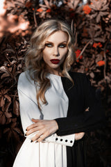 half black and white split dress by lively ghosts 