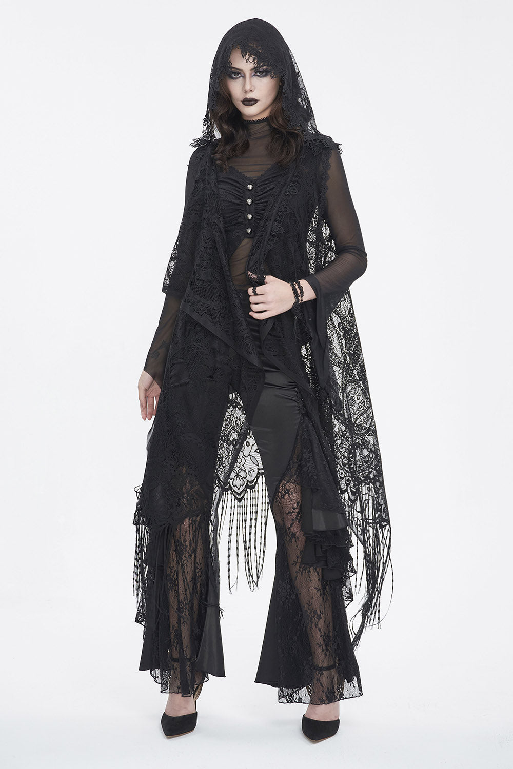womens black lace tassel cloak