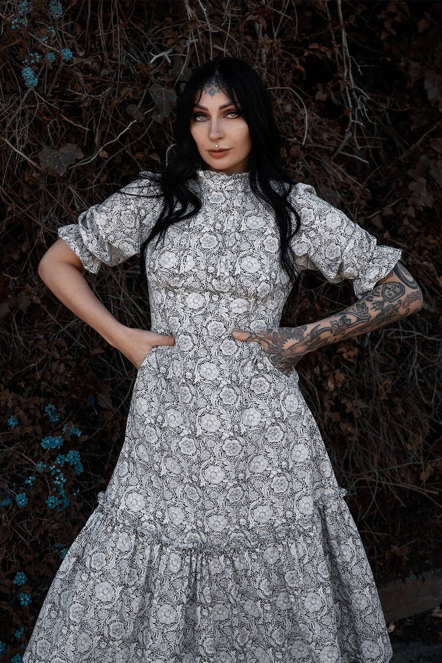 high collar ruffle dress