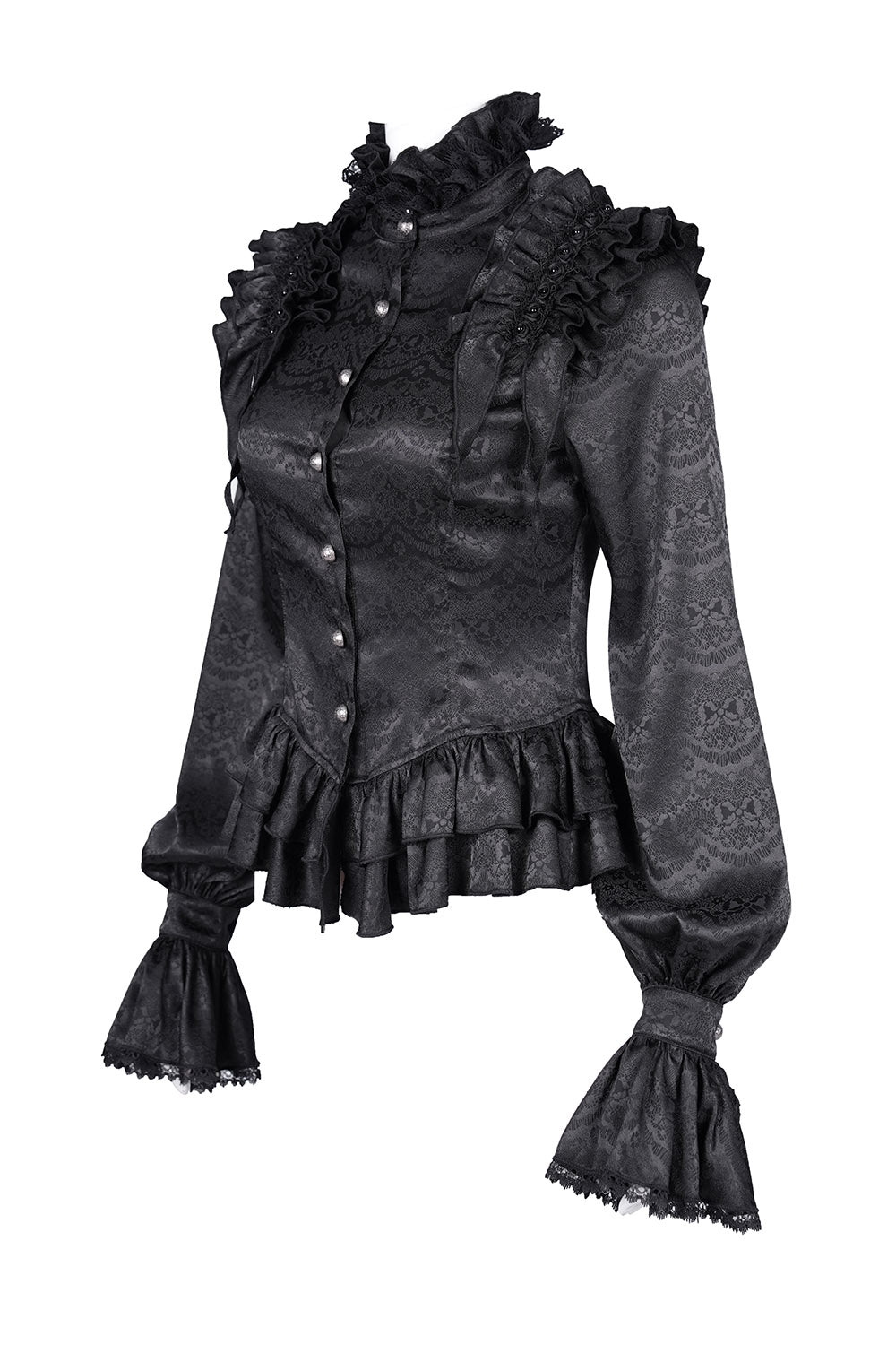 Black gothic-style button-down shirt with ruffled details on a white background