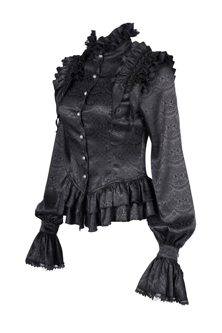 Black gothic-style button-down shirt with ruffled details on a white background
