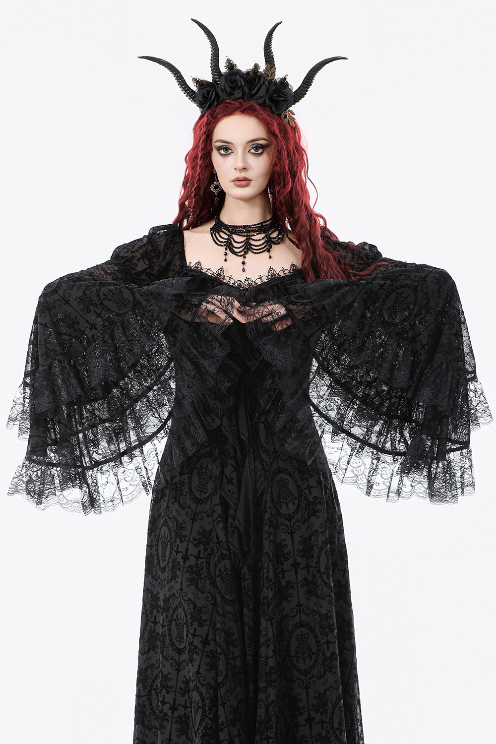 womens long sleeve black vampire dress with layered sleeves