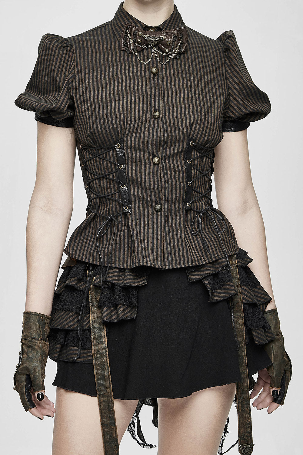 lace-up short sleeve button-up brown and black striped vintage inspired top 