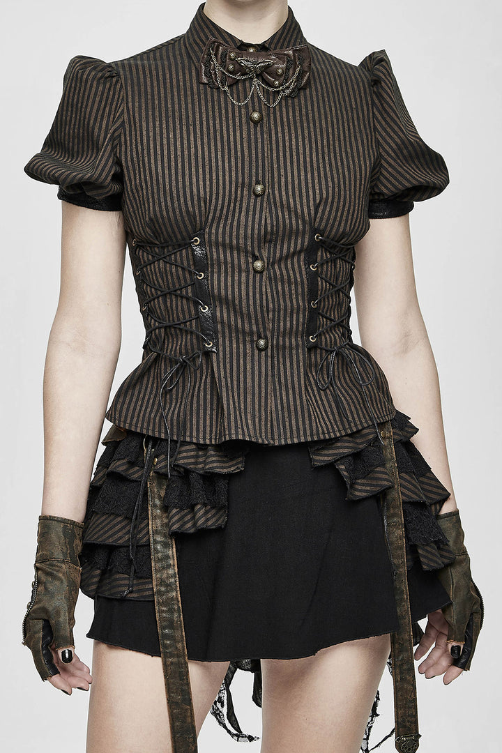 lace-up short sleeve button-up brown and black striped vintage inspired top 