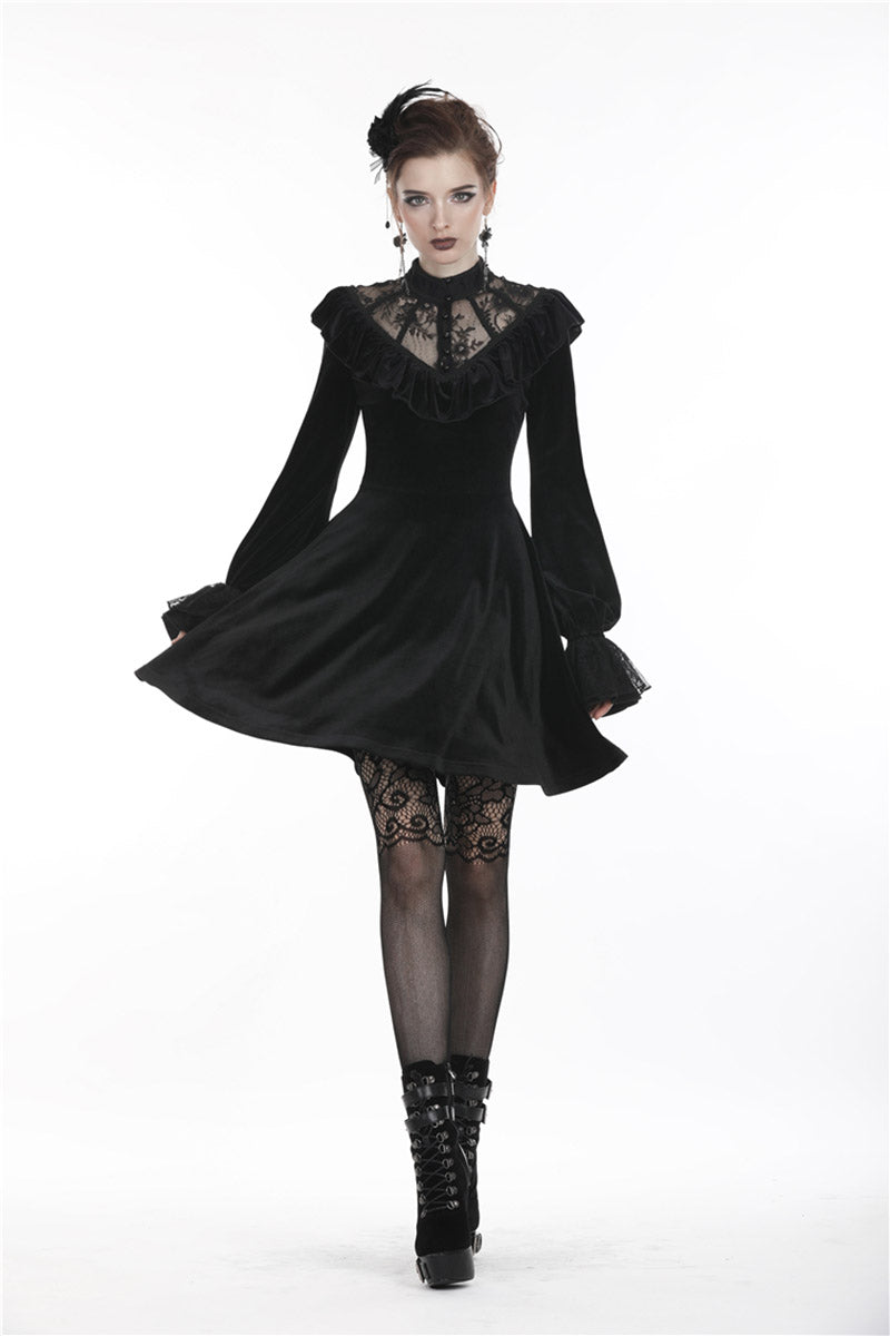 ruffled collar black velvet goth dress