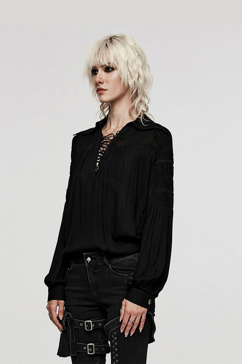 womens deep v-neck plunging neckline lace-up chest  pirate goth shirt 