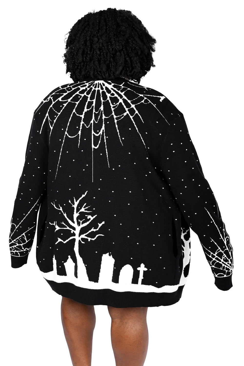 oversized spider and spiderweb knitted halloween graveyard scene cardigan sweater 