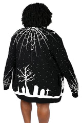 oversized spider and spiderweb knitted halloween graveyard scene cardigan sweater 