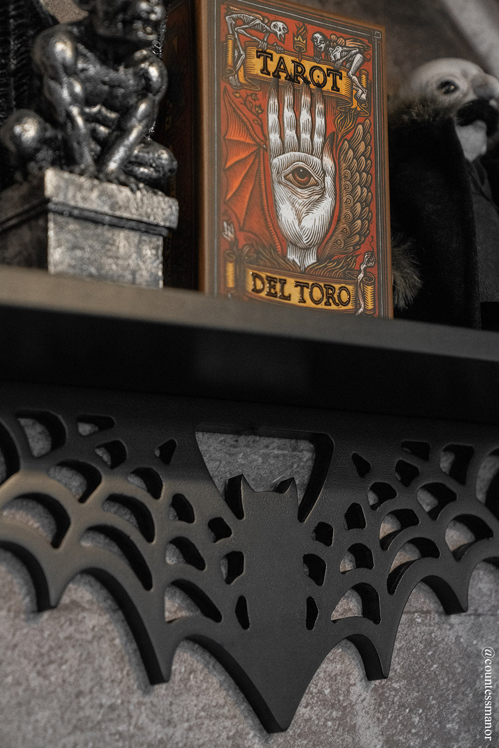 victorian goth black wood spiderweb shelf