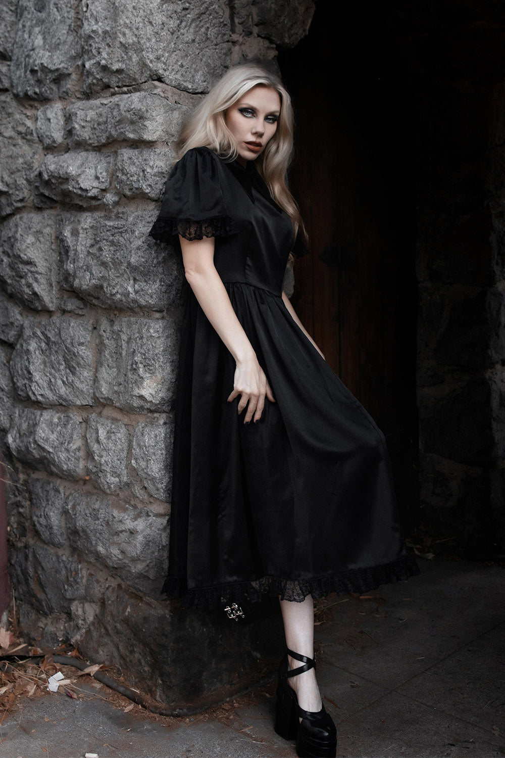 pointed collar gothic fit and flare goth dress