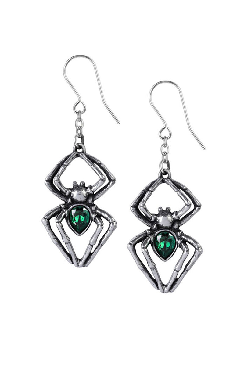 Spider-shaped earrings with green gemstones on a white background