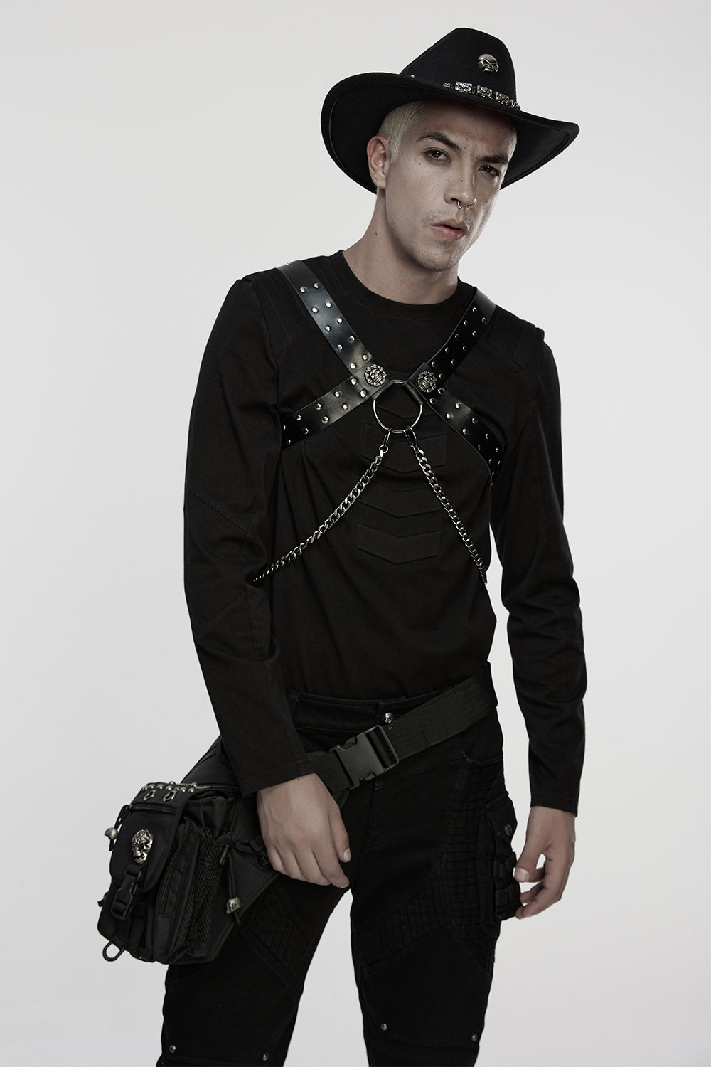 mens vegan leather gothic harness with chains