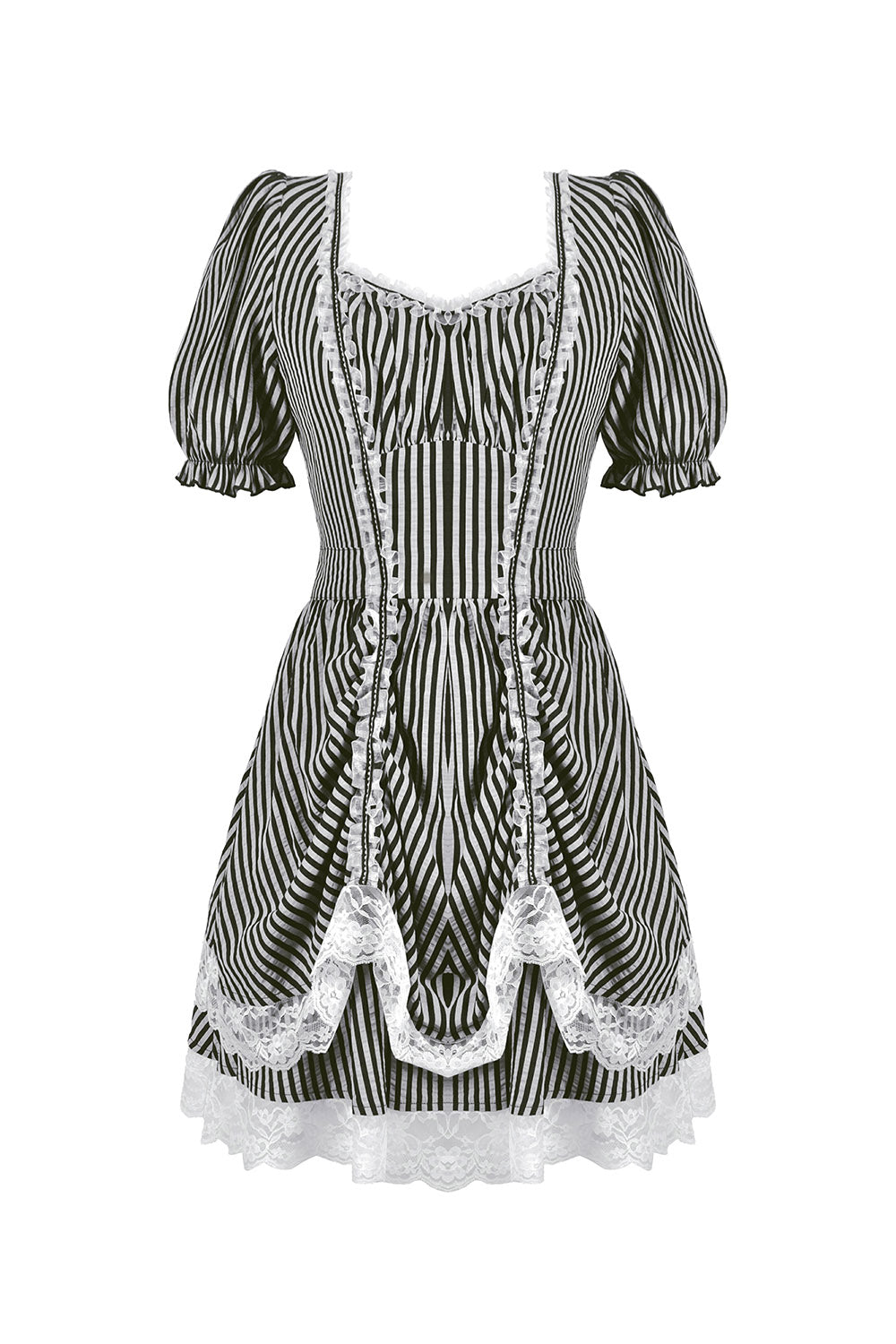 Black and white striped dress with lace details on a white background