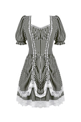 Black and white striped dress with lace details on a white background