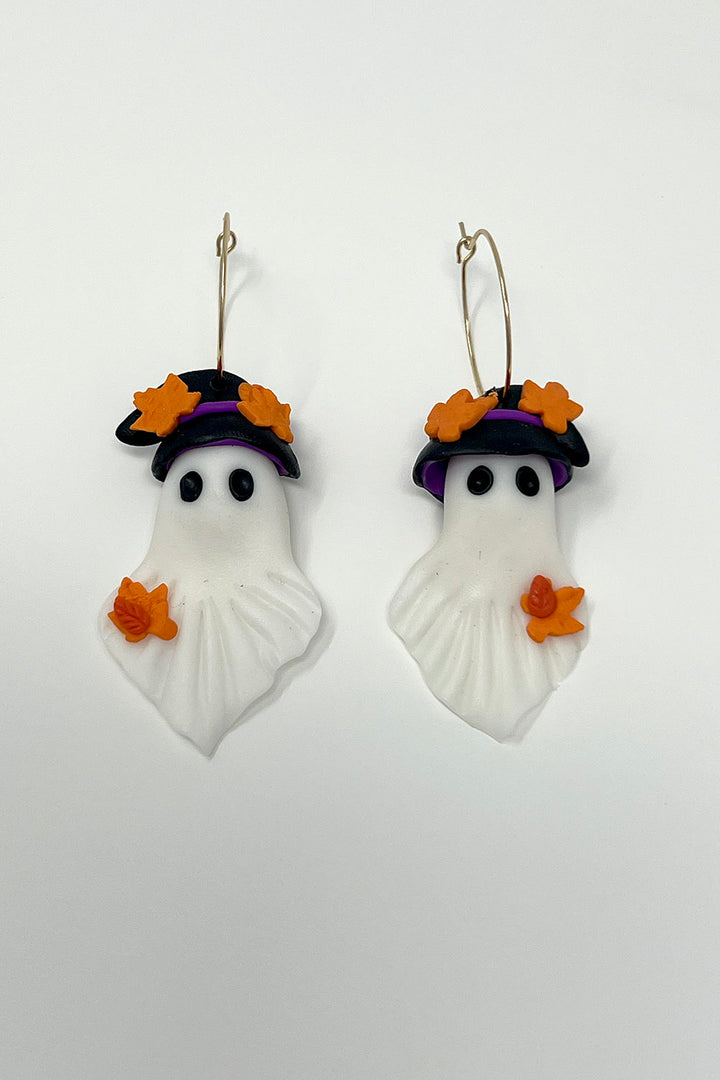 dark whimsical clay ghost earrings with gold hoops