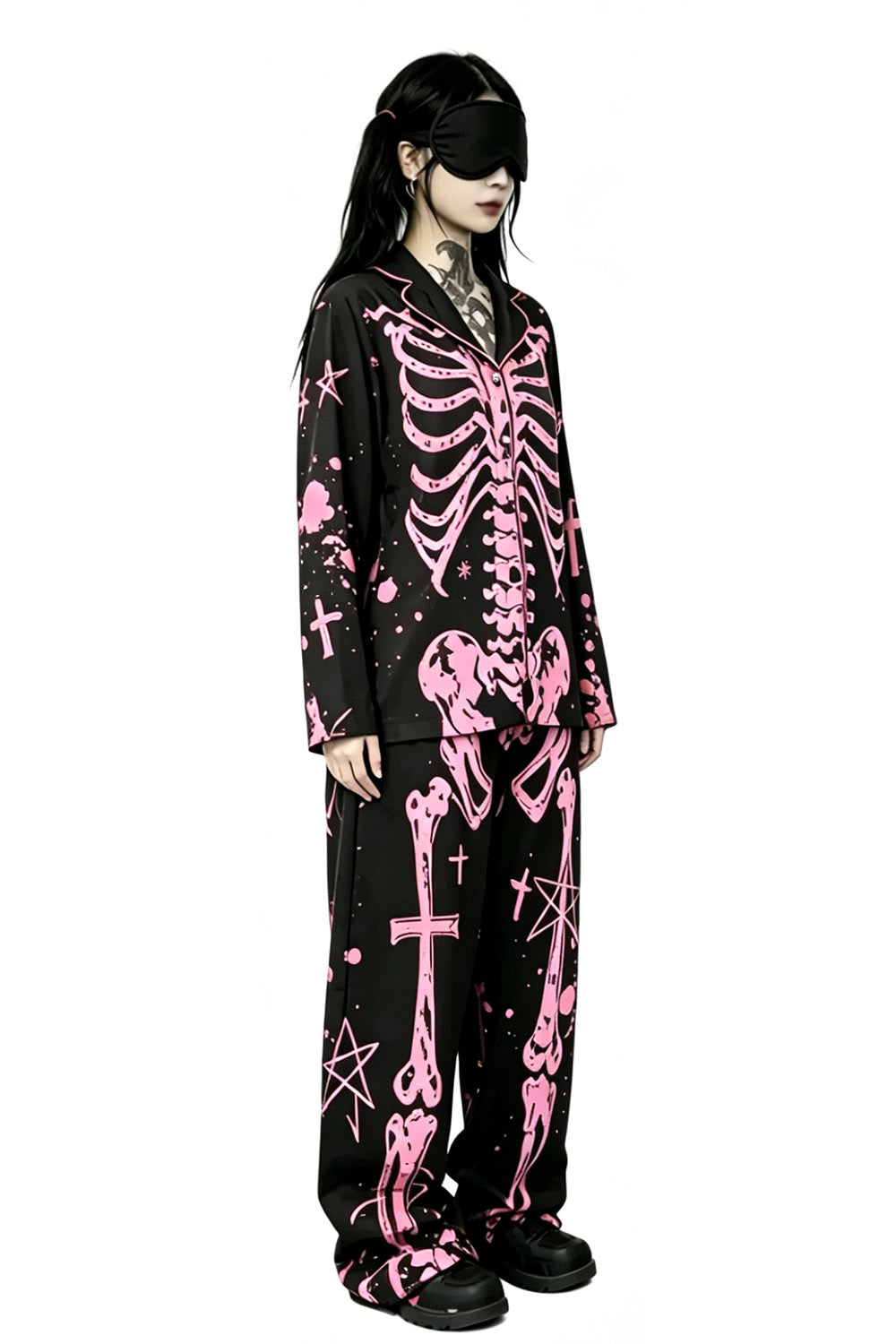 womens pastel pink and black gothic skeleton pajamas set