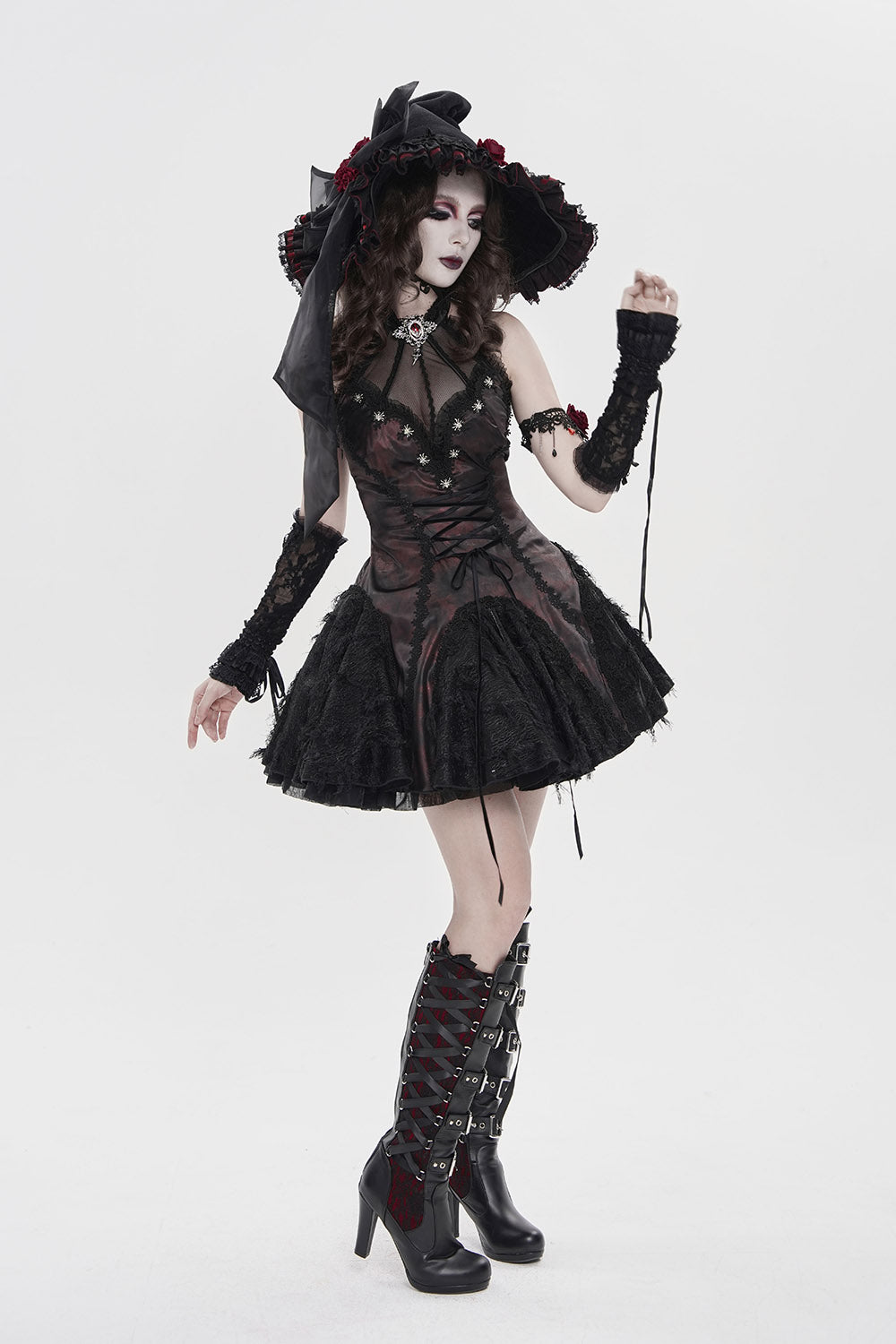 dark mystical wide brimmed witch hat with red roses