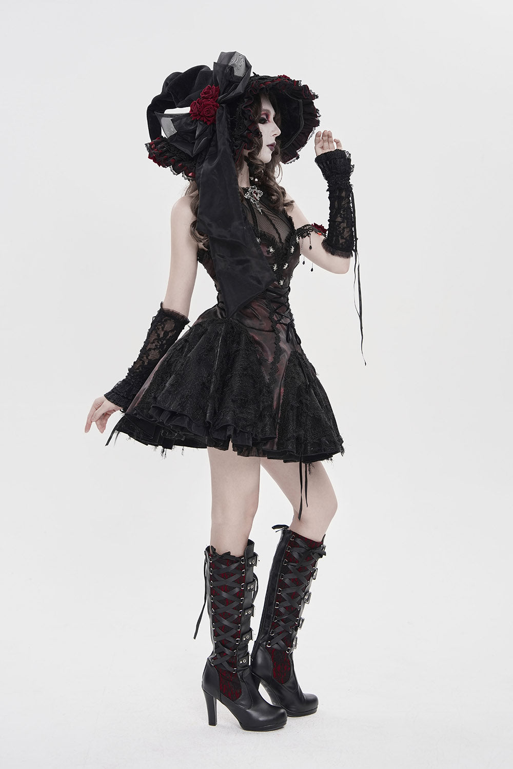 whimsical wide brimmed witch hat with red roses
