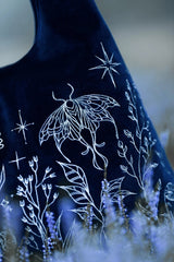 blue velvet embroidered moth, plant and moon purse shoulder bag