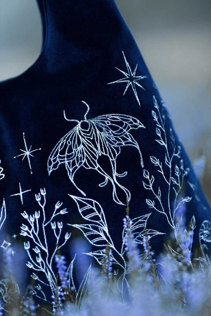 blue velvet embroidered moth, plant and moon purse shoulder bag
