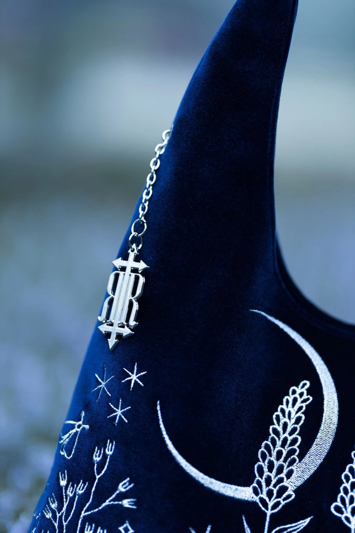slouchy unstructured whimsigoth blue velvet embroidered moth and moon purse