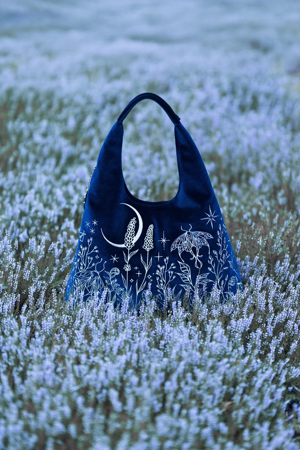 blue velvet embroidered moth and moon purse