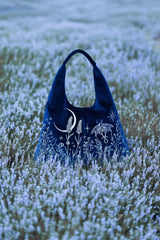 blue velvet embroidered moth and moon purse