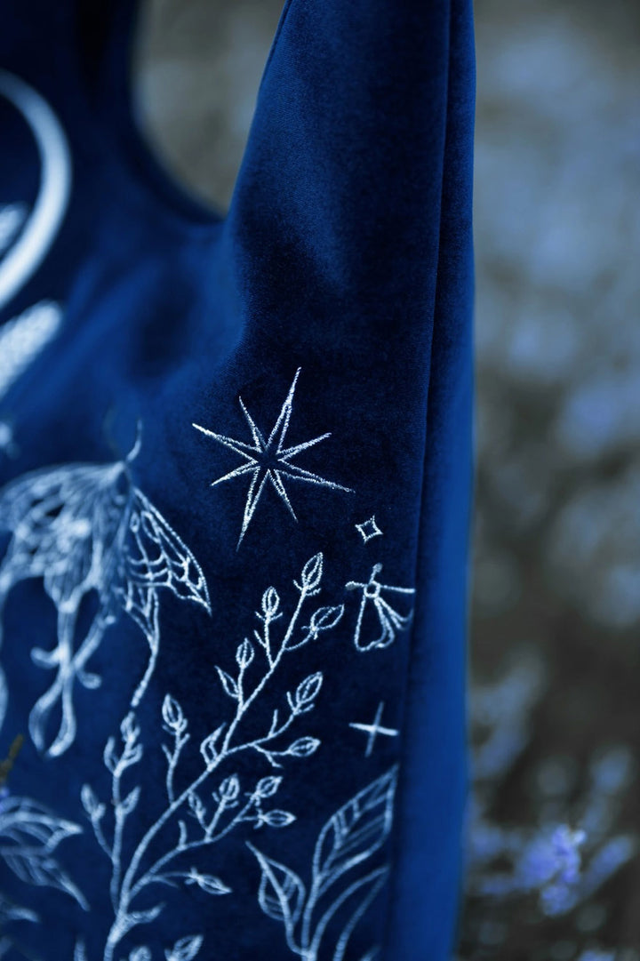 dark gothic blue velvet embroidered moth and moon purse by restyle
