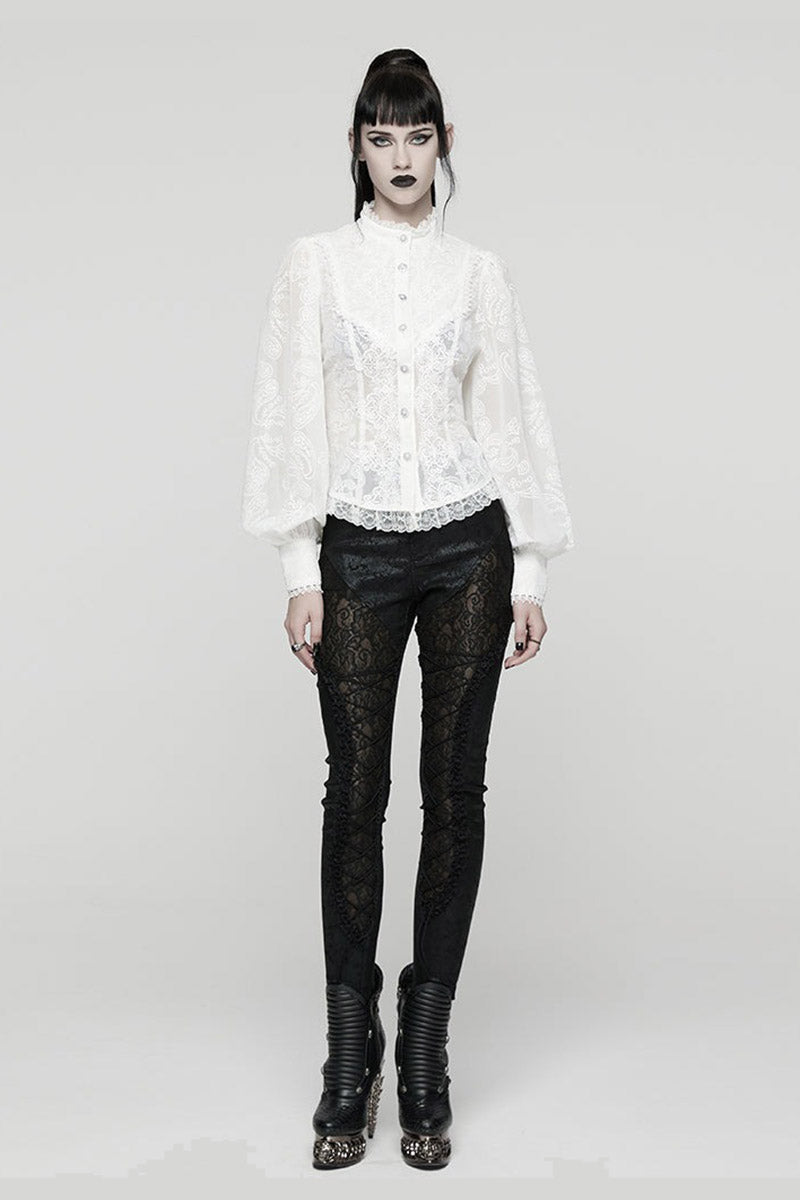 puff shoulder lace-up vintage sheer chiffon top