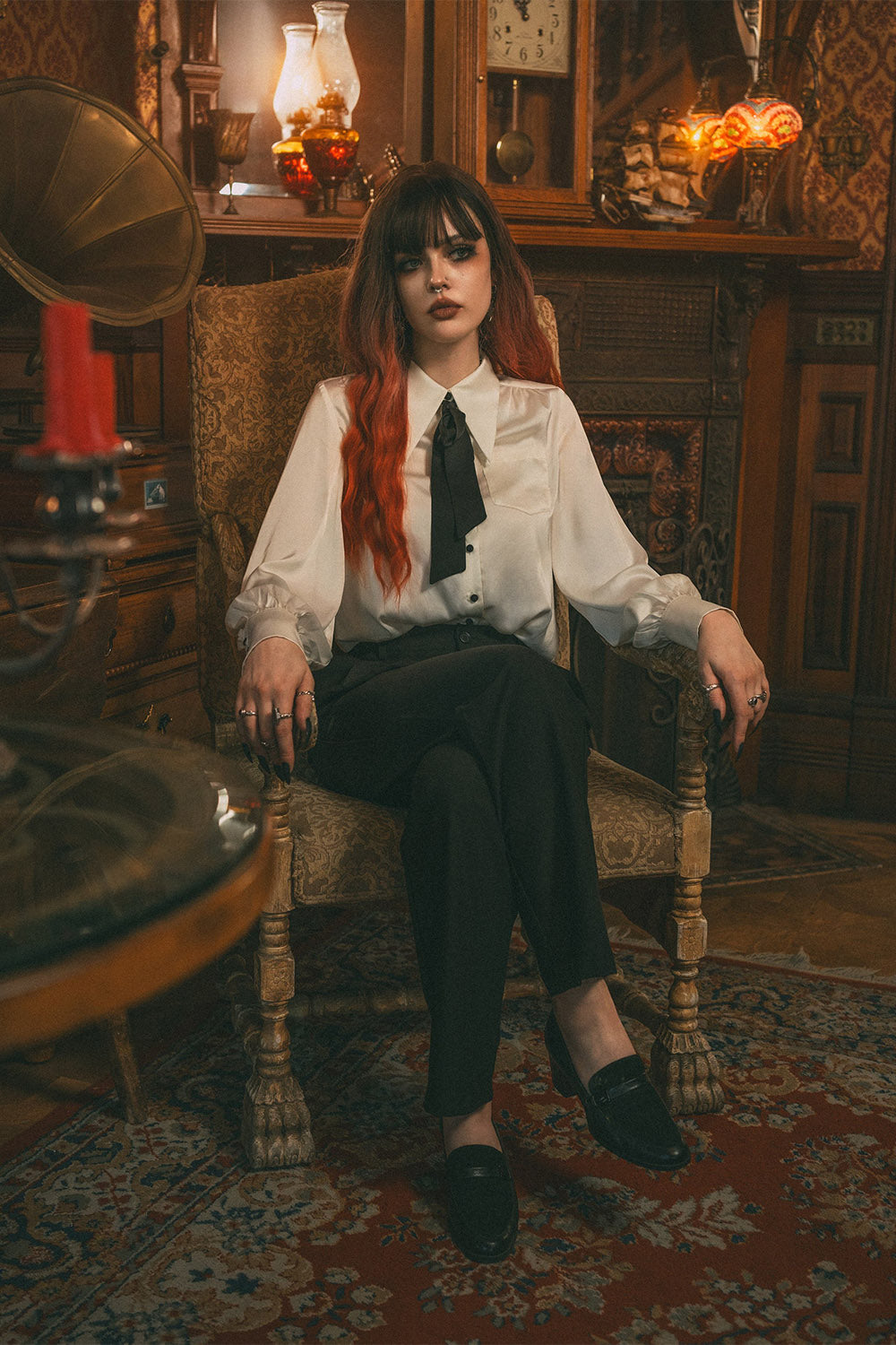 vintage goth white satin button-down top for women