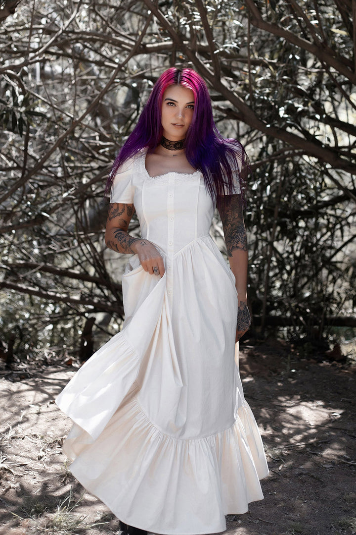 womens white puff sleeve cottagecore dress
