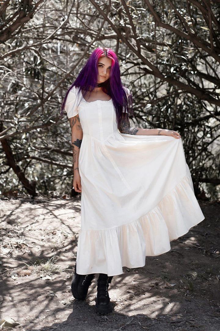 long flowy puff sleeve cottagecore dress