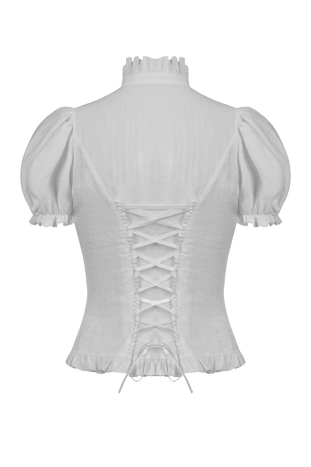 high collar lace up white blouse