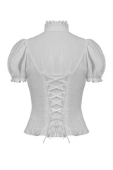 high collar lace up white blouse