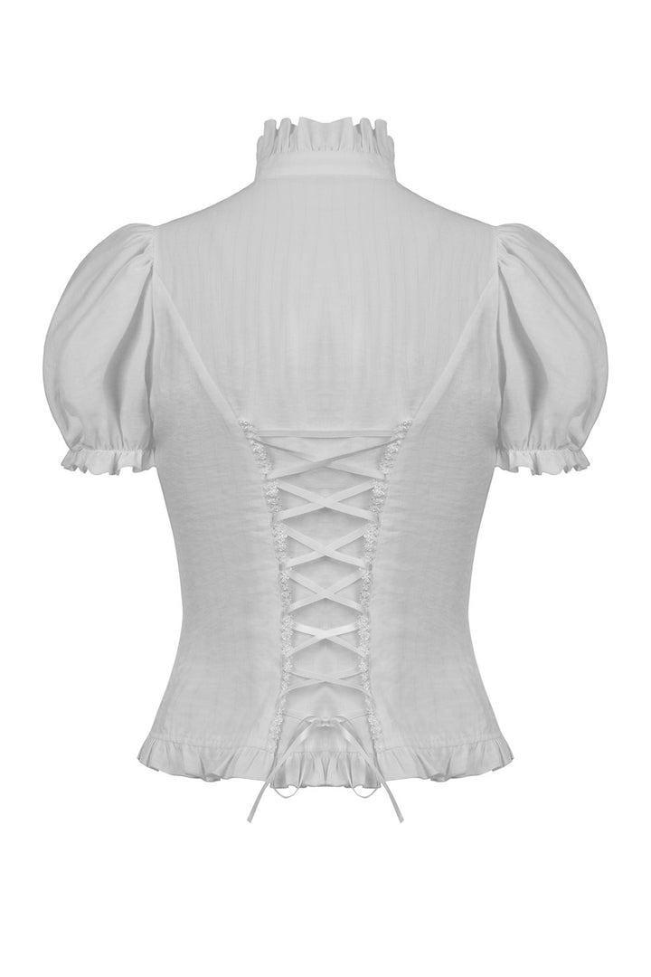 high collar lace up white blouse