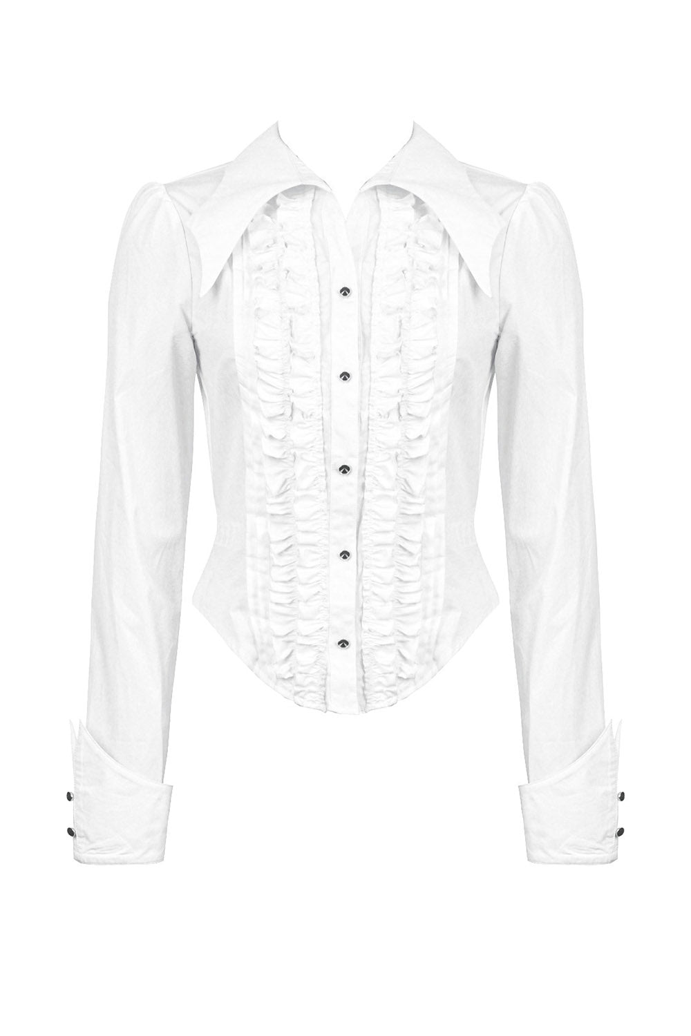 white slim fit ruffled romantic long sleeve button-down shirt with batwing collar by dark in love