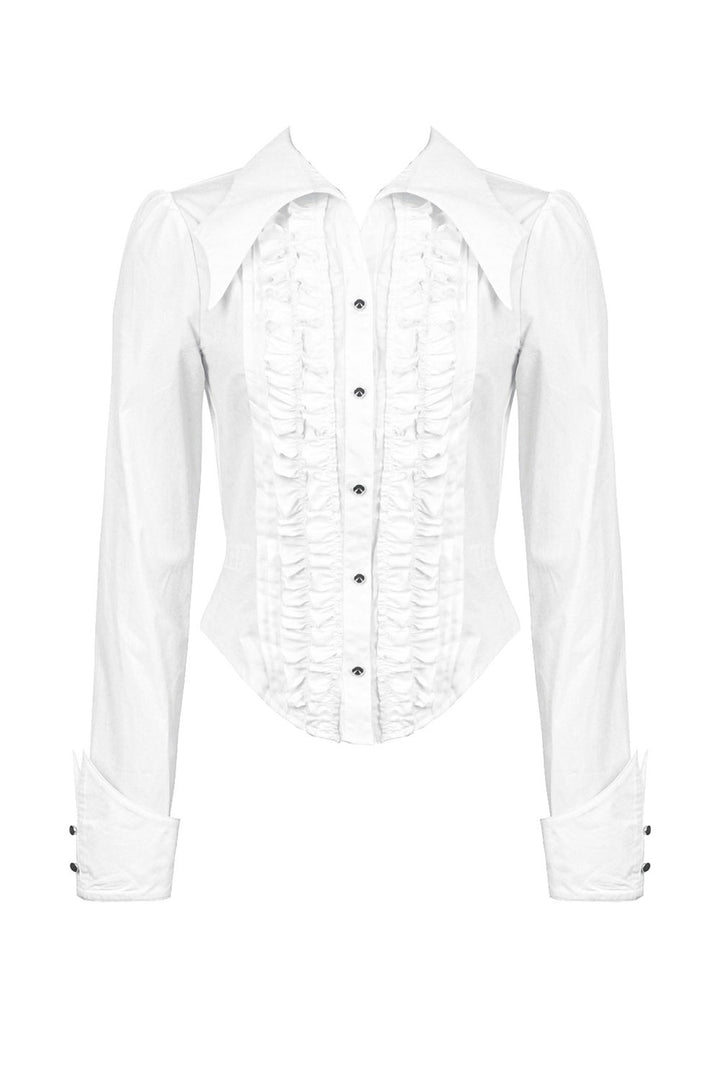 white slim fit ruffled romantic long sleeve button-down shirt with batwing collar by dark in love