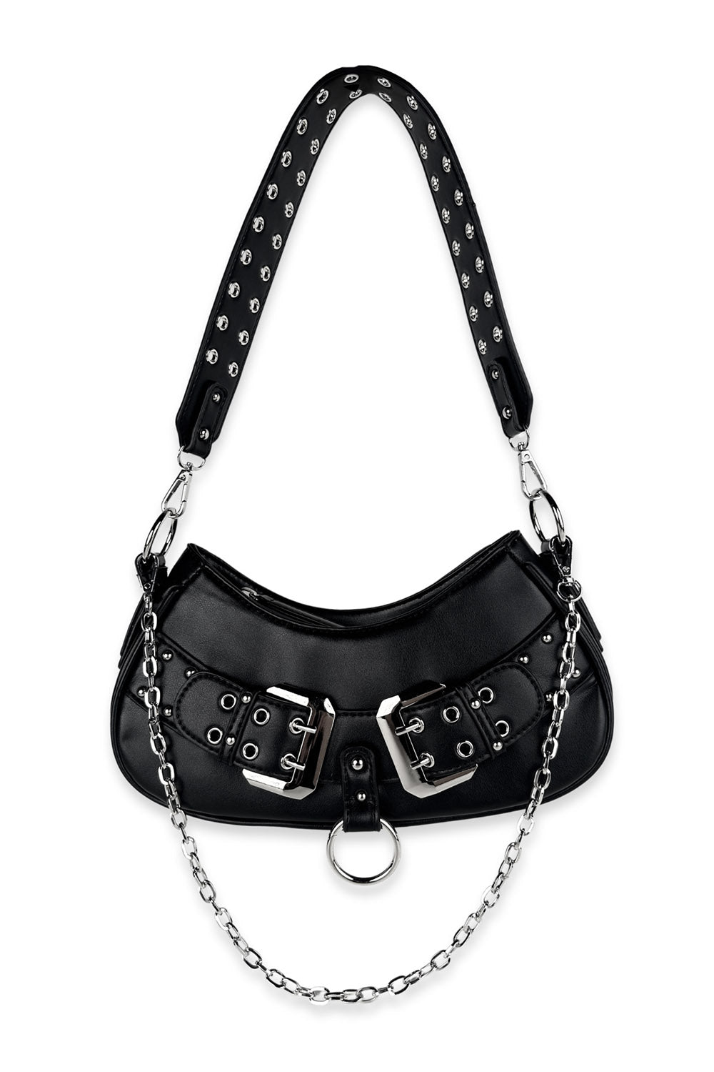 Black handbag with chain detail on a white background