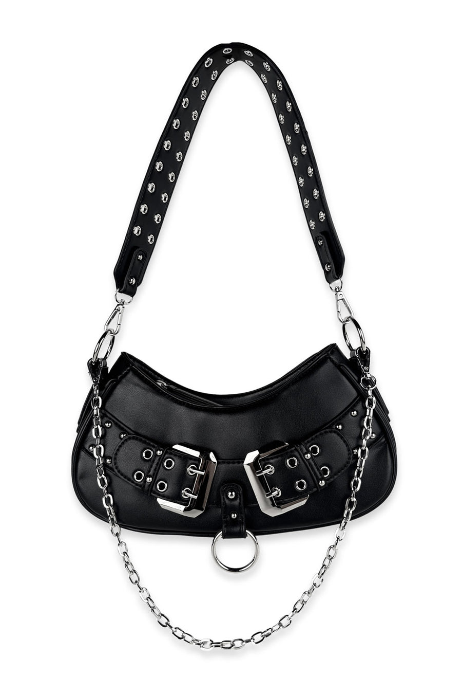 Black handbag with chain detail on a white background