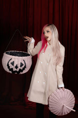 pumpkin jack-o-lantern pink wicker picnic basket with shoulder strap 