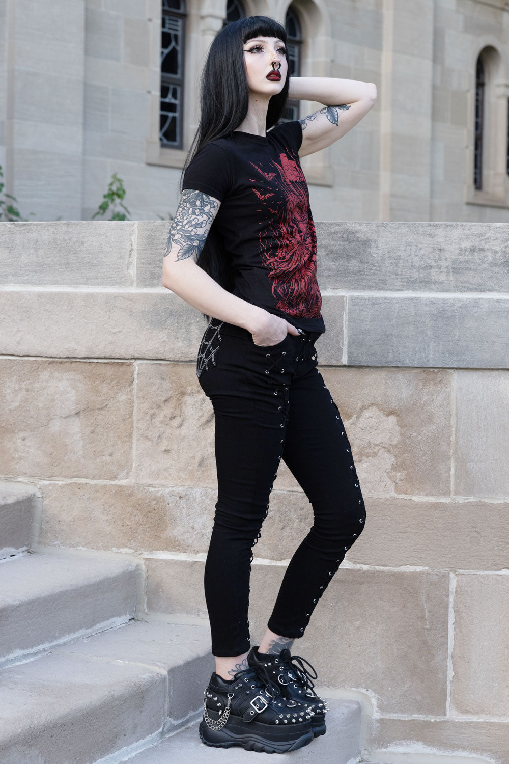womens eyelet black high-waisted grunge goth lace-up corset pants with embroidered spiderweb pockets